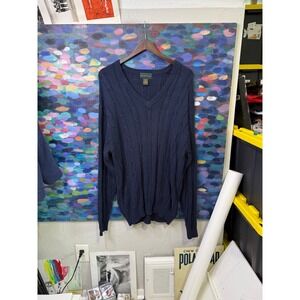 Izod Club Mens Large Navy Blue Cable Knit V-Neck 100% Cotton Pullover Sweater